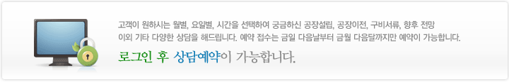 고객이 원하시는 월별, 요일별, 시간을 선택하여 궁금하신 공장설립, 공장이전, 구비서류, 향후 전망 이외 기타 다양한 민원 상담을 해드립니다.예약 접수는 금일 다음날부터 금월 다음달까지만 예약이 가능합니다. 로그인 후 민원상담 예약이 가능합니다.